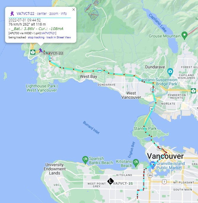 Screen capture of 1 W track on aprs.fi